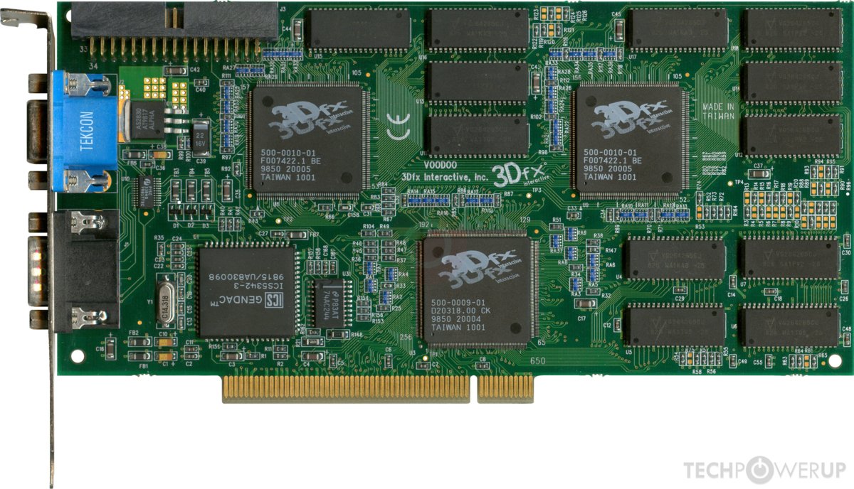3dFX Voodoo 2 circuit board with three processors and separate memory chips.