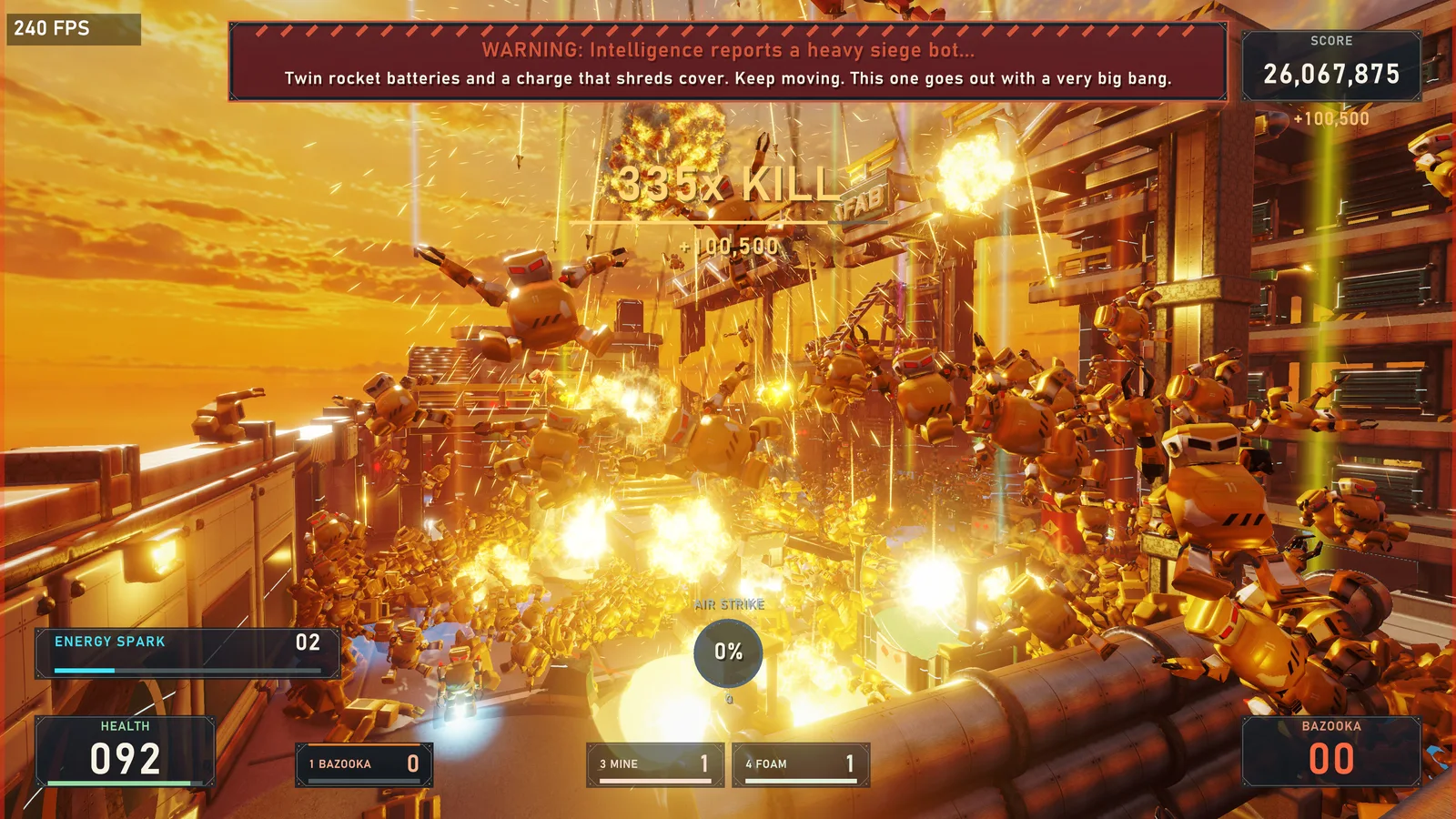 An air strike throws a swarm of yellow bots into the air in the factory yard.